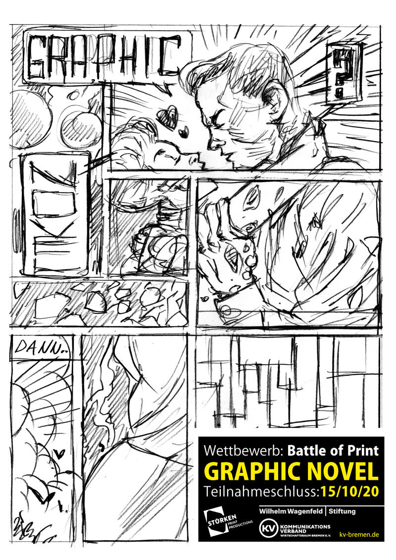 schwarz-weiß Zeichnung einer Comicseite mit verschiedenen Panels