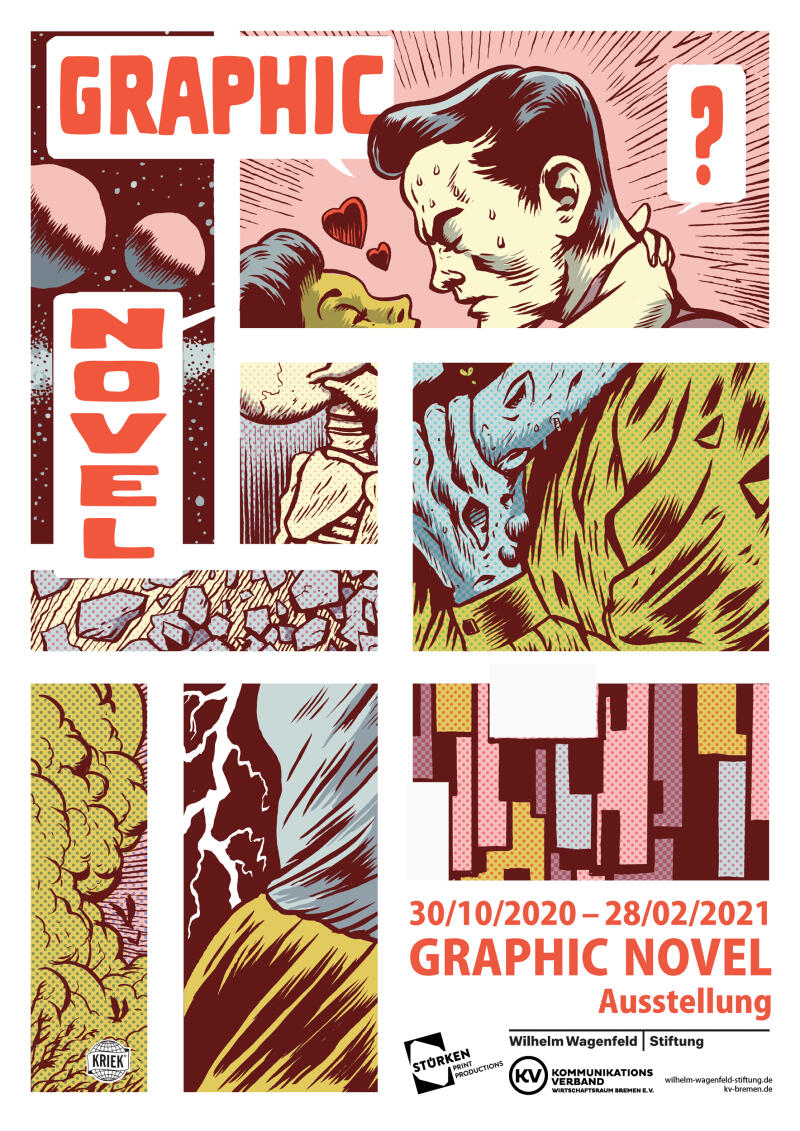 eine von Erik Kriek gestaltete Comicseite mit verschiedenen Panels, die ein gemeinsames Motiv entwickeln.