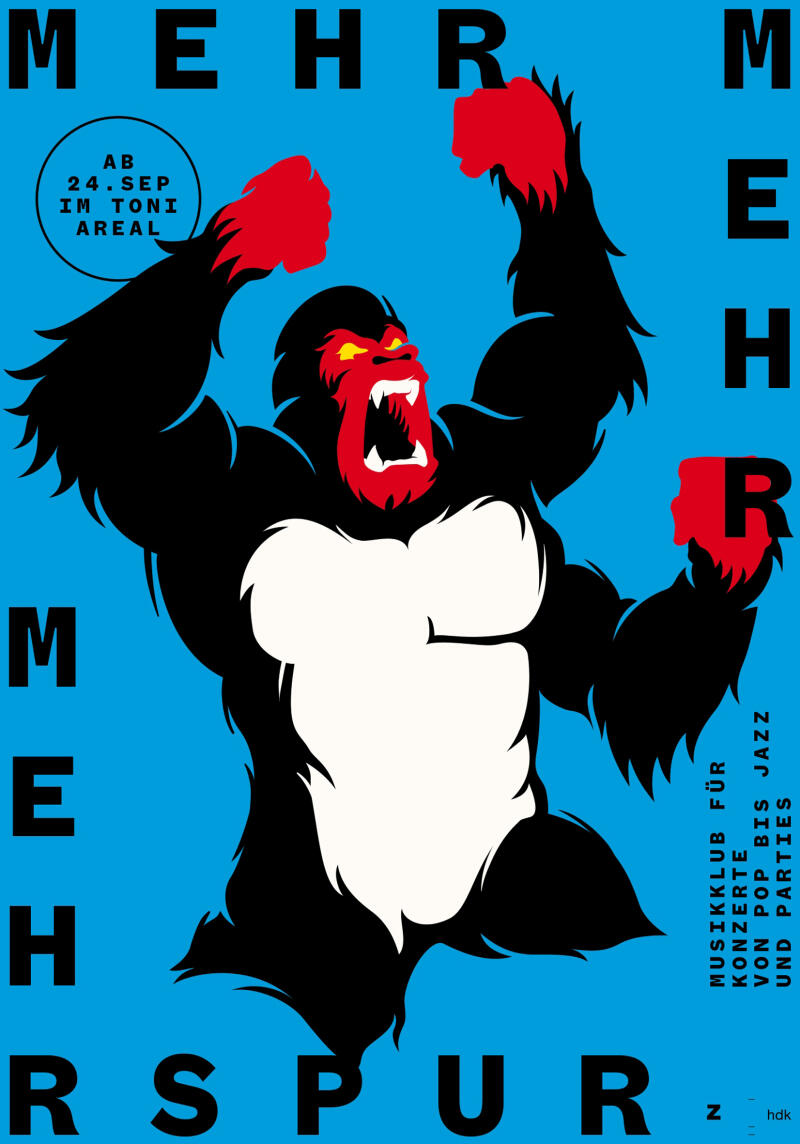 im Comicstil gezeichneter Gorilla mit schwarz-weißem Fell erhebt brüllend seine Arme. Das rote Gesicht sieht bedrohlich aus. Das Motiv steht vor einem leuchtend blauen Hintergrund mit schwarzer Schrift. 